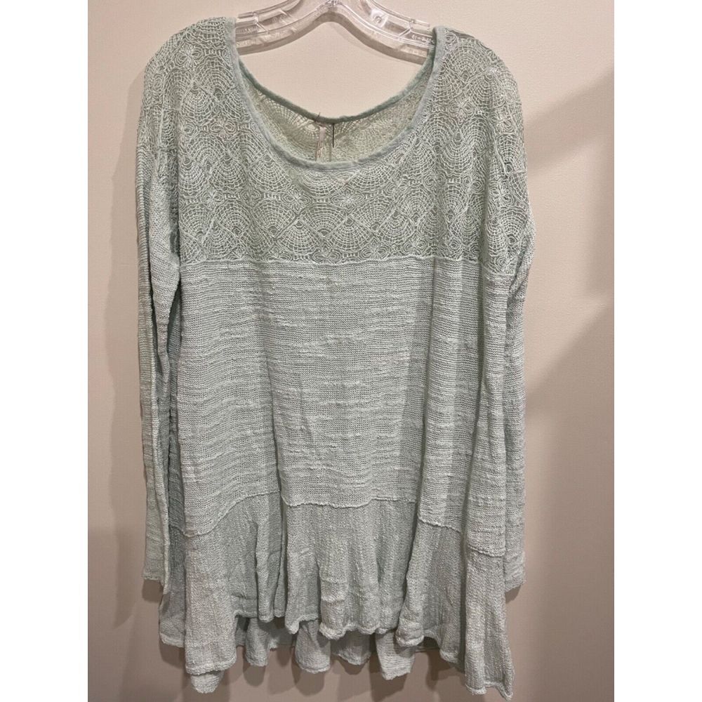 Free People L Mint Green Kristobel Crochet Peplum Oversized Sweater or Dress FP